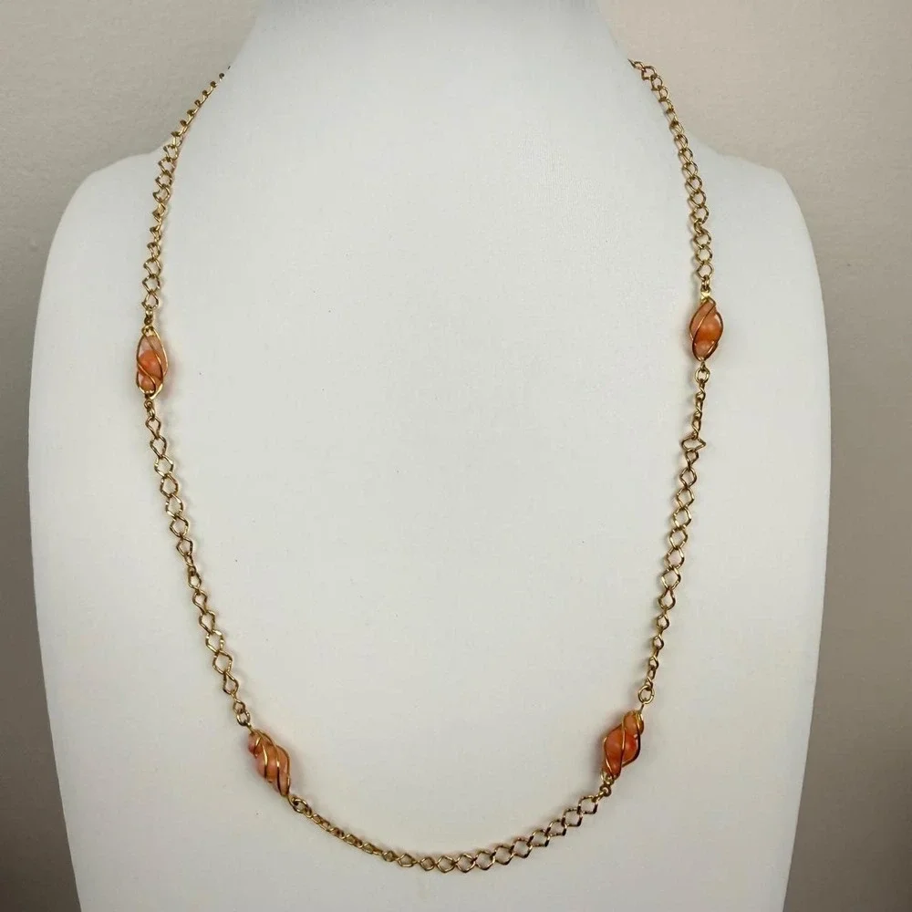 Avon Gold Tone Necklace Peach Bead Cage Wrap Vintage Chain